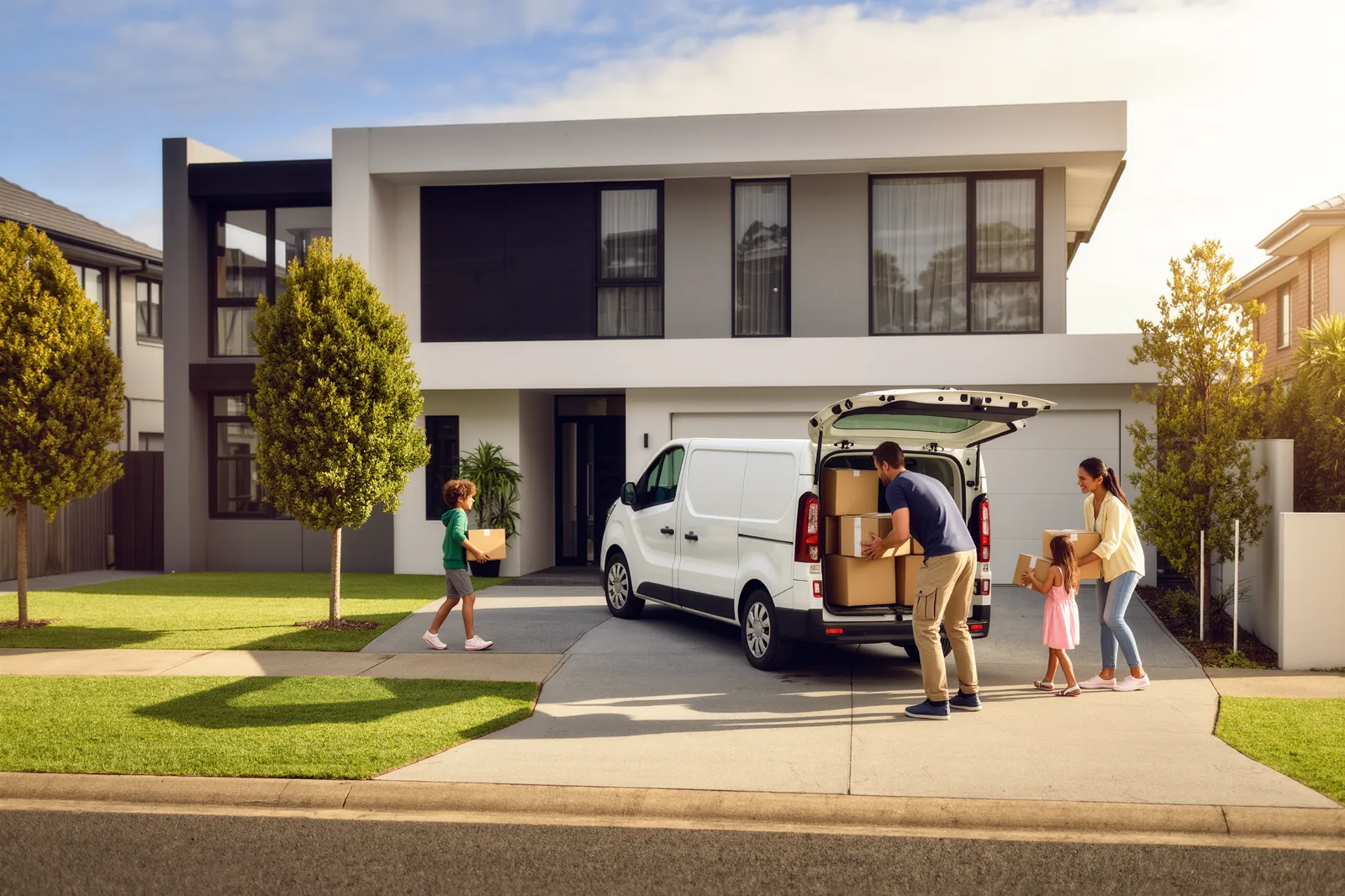 Family outside a newly-built home